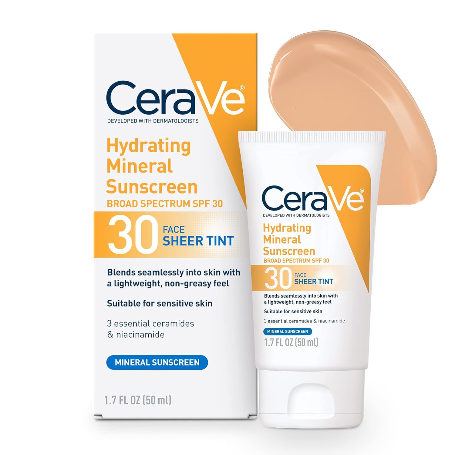 CeraVe Hydrating Mineral Sunscreen, Sheer Tint Facial SPF 30,1.7fl oz.